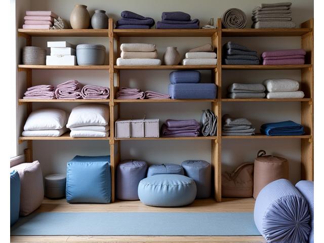 다양한 요가 도구들이 깔끔하게 정리된 모습